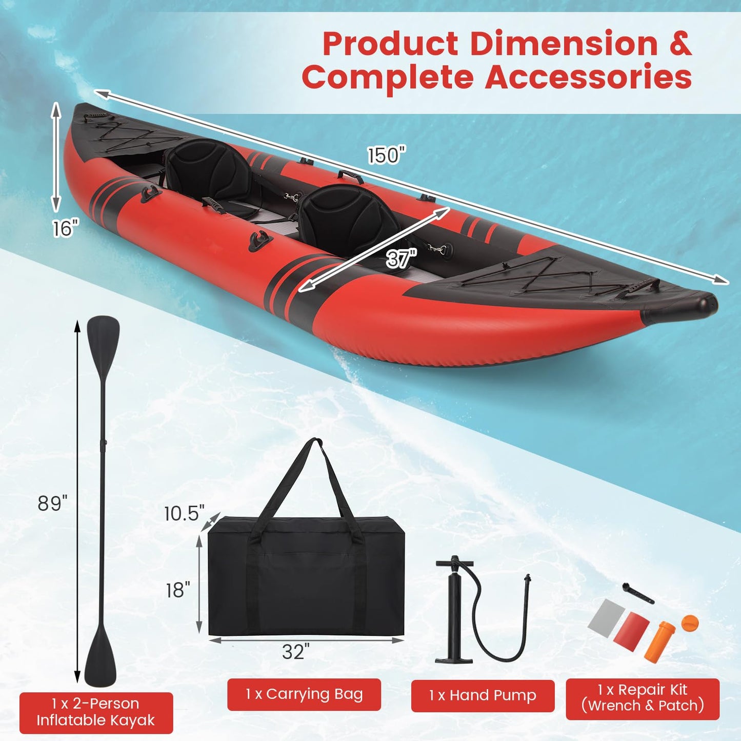GYMAX 12.5FT Tandem Touring Kayak with Aluminum Paddles – Red Edition