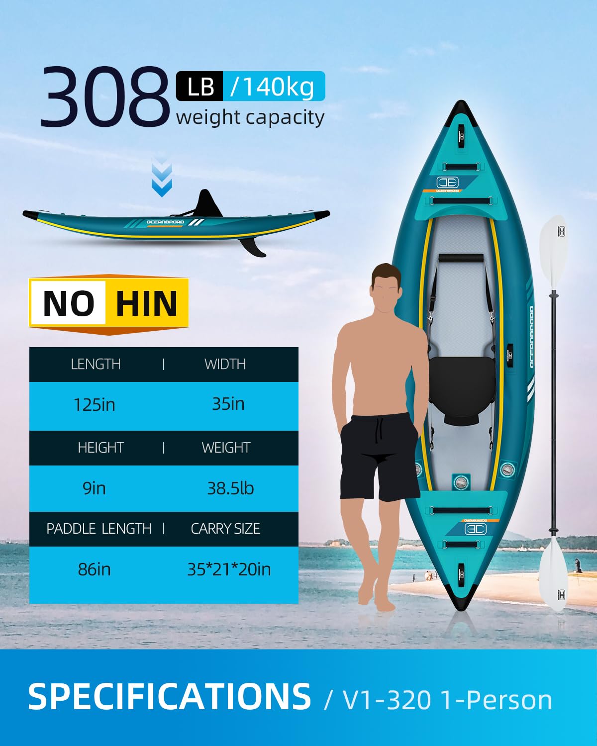 OCEANBROAD V1-320 Inflatable Sit-In Kayak for Adults – Blue