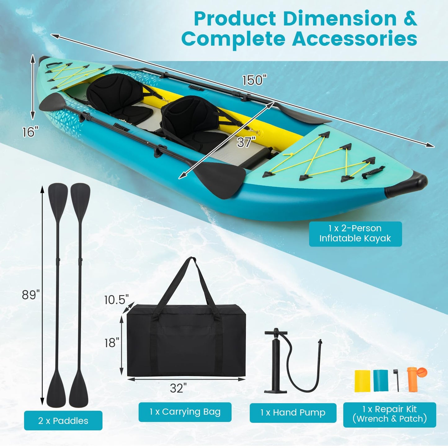 GYMAX 12.5FT Tandem Inflatable Fishing & Touring Kayak Set – Green