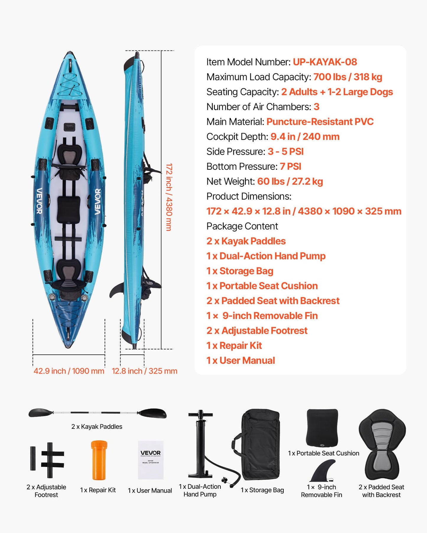 VEVOR Extra Spacious 2-Person Inflatable Family Kayak – 700LB Capacity