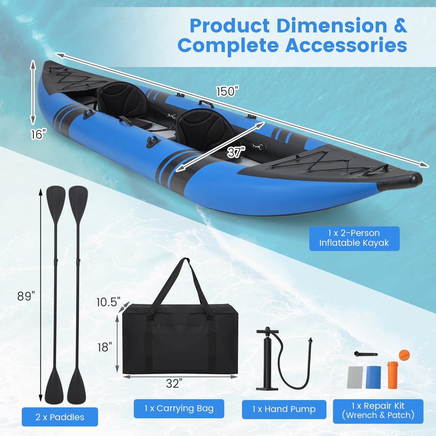 GYMAX 12.5FT Tandem Inflatable Kayak with Footrests – Blue Edition