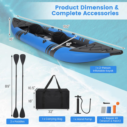 GYMAX 12.5FT Tandem Inflatable Kayak with Footrests – Blue Edition