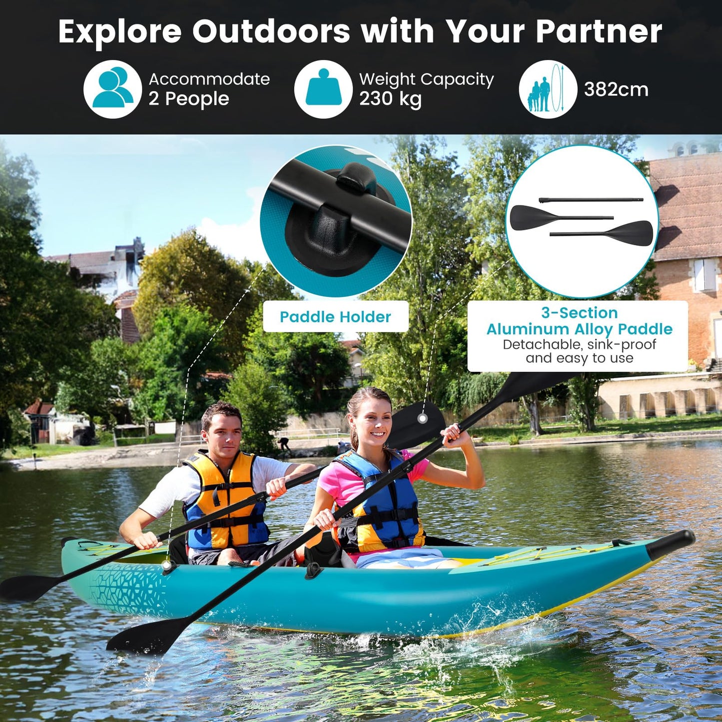 GYMAX 12.5FT Tandem Inflatable Fishing & Touring Kayak Set – Green