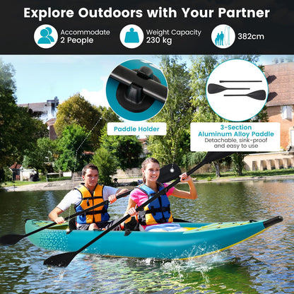GYMAX 12.5FT Tandem Inflatable Fishing & Touring Kayak Set – Green