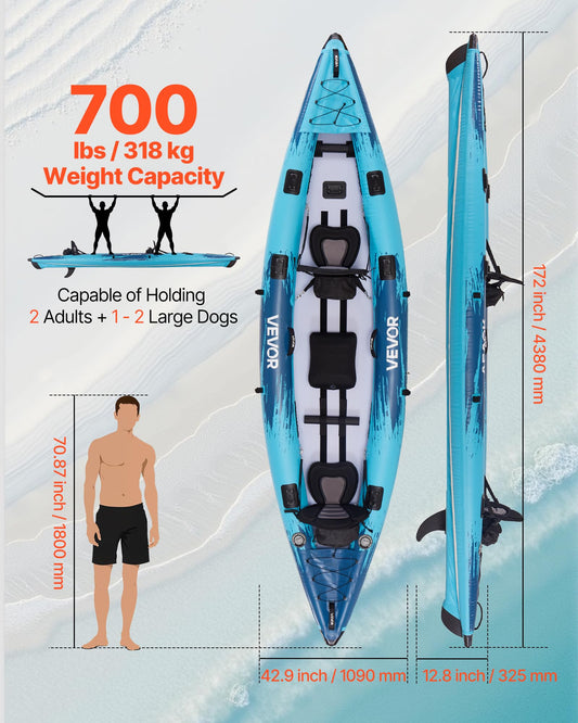 VEVOR Extra Spacious 2-Person Inflatable Family Kayak – 700LB Capacity