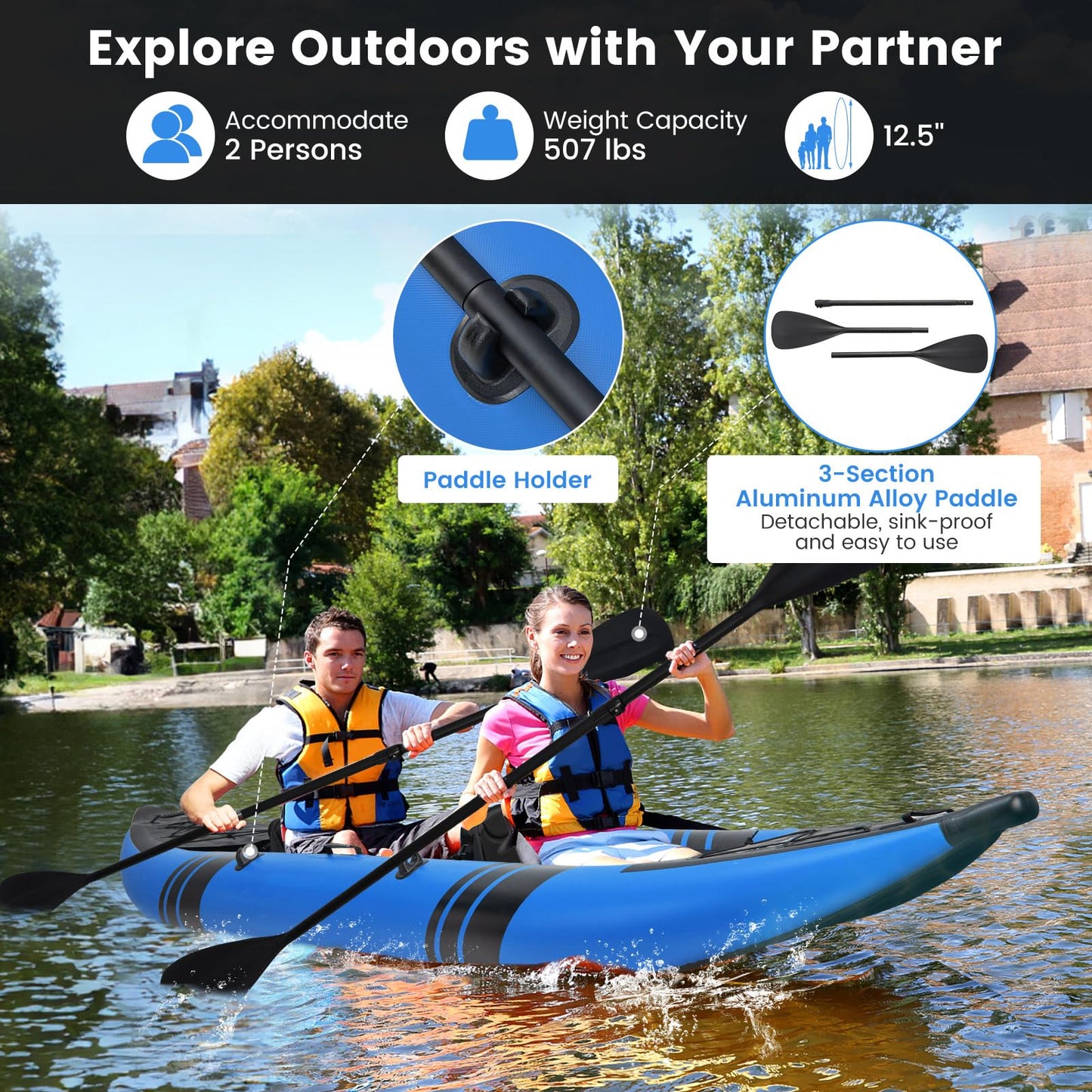 GYMAX 12.5FT Tandem Inflatable Kayak with Footrests – Blue Edition